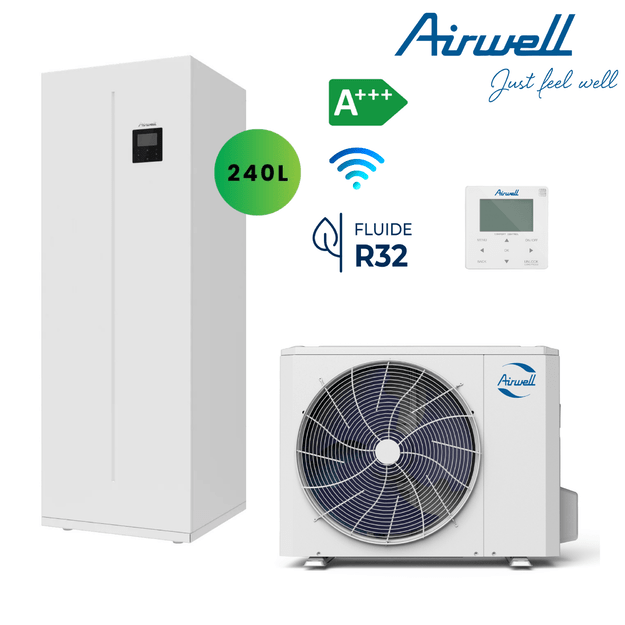 AIRWELL Wellea 12.10-12.00 kW šilumos siurblys oras-vanduo su 240l integruotu boileriu, ODMA-160T-09M22-25+AW-YHPSA12-H93