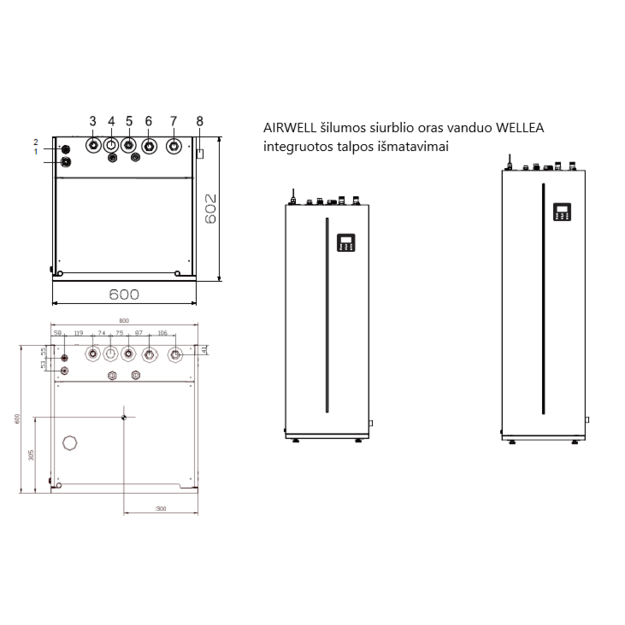 AIRWELL Wellea 12.10-12.00 kW šilumos siurblys oras-vanduo su 240l integruotu boileriu, ODMA-160T-09M22-25+AW-YHPSA12-H93