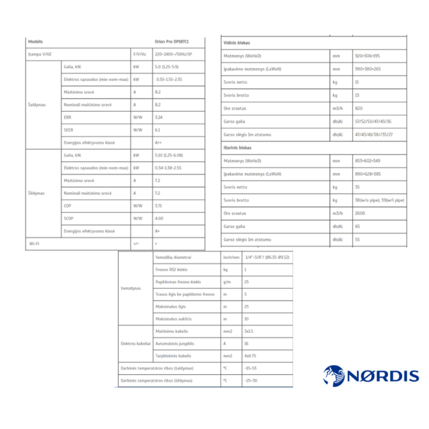 NØRDIS ORION PRO sieninio oro kondicionieriaus 5.0/5.1 kW komplektas
