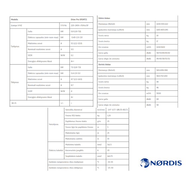 NØRDIS ORION PRO sieninio oro kondicionieriaus 6.8/7.0 kW komplektas