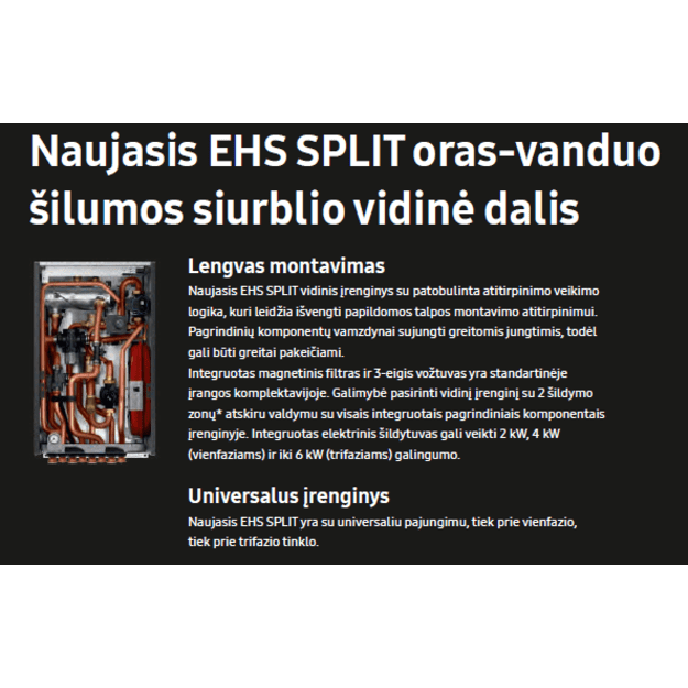 SAMSUNG oras–vanduo 9.0/8.7 kW SPLIT šilumos siurblio KOMPLEKTAS su atnaujinta 200 l talpa, valdymu lietuvių kalba ir integruotu WIFI, NORDIC serija