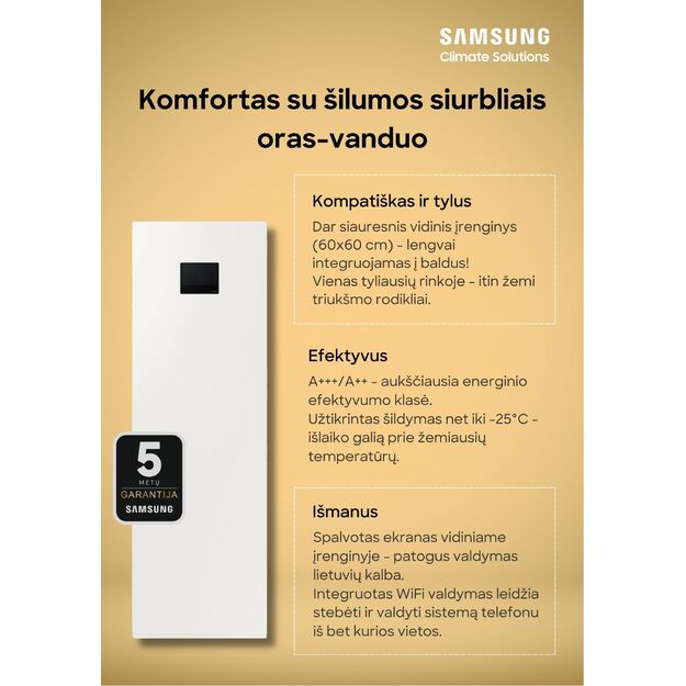 SAMSUNG oras–vanduo 9.0/8.7 kW SPLIT šilumos siurblio KOMPLEKTAS su atnaujinta 200 l talpa, valdymu lietuvių kalba ir integruotu WIFI, NORDIC serija