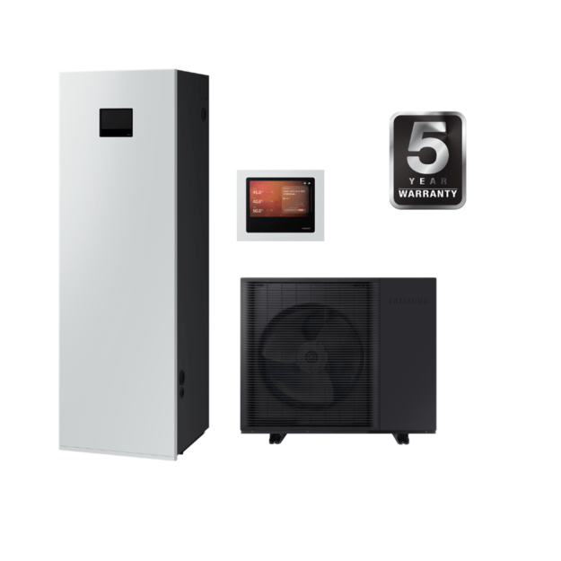 SAMSUNG oras–vanduo 12.5/12.5 kW SPLIT šilumos siurblio KOMPLEKTAS su atnaujinta 200 l talpa, valdymu lietuvių kalba ir integruotu WIFI, trifazis