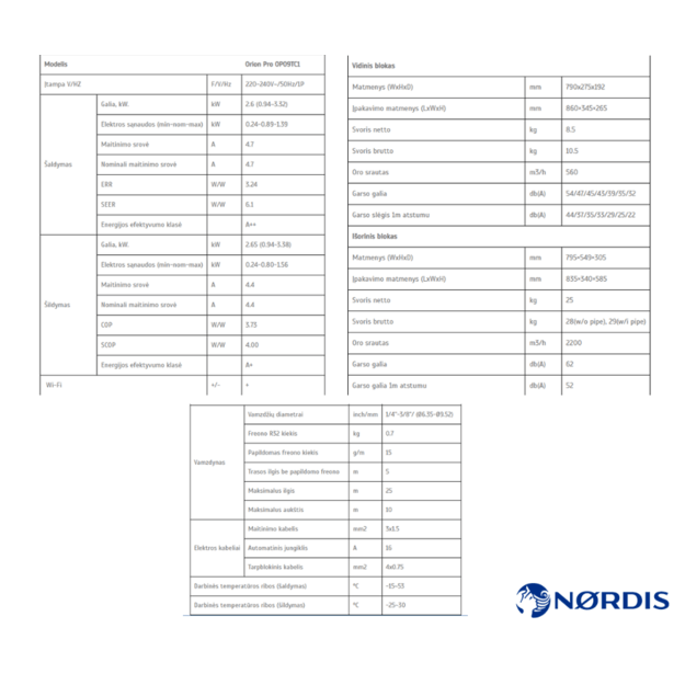 NØRDIS ORION PRO sieninio oro kondicionieriaus 2.6/2.65 kW komplektas