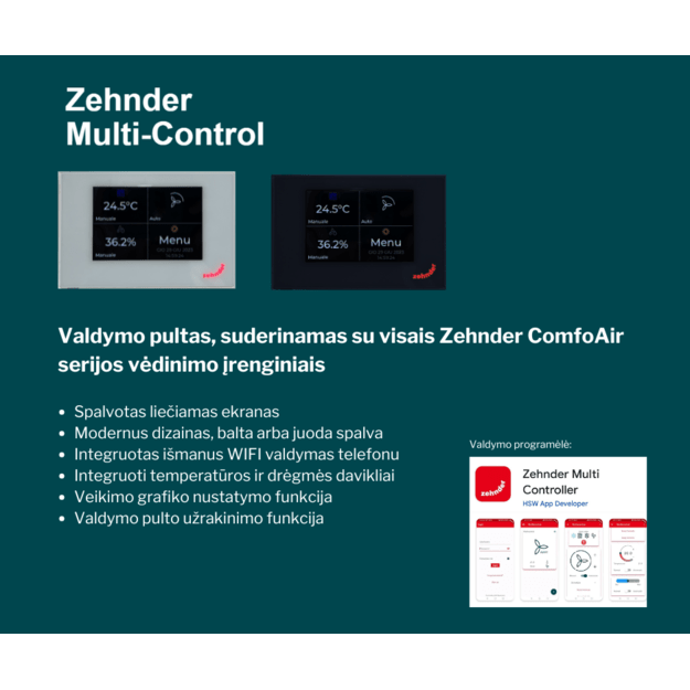 Plokštelinis ENTALPINIS rekuperatorius Zehnder ComfoAir 375 ERV su VALDYMO PULTU Multi Control ir WIFI valdymu