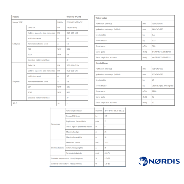 NØRDIS ORION PRO sieninio oro kondicionieriaus 3.3/3.5 kW komplektas